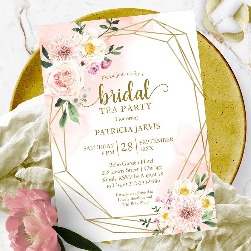 Pink Blush Floral Gold Bridal Shower Tea Party Invitation
