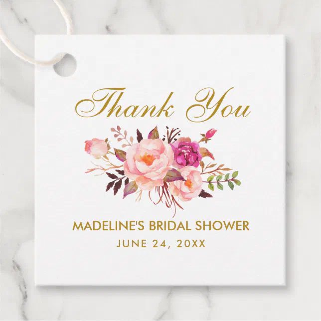 Pink Blush Floral Gold Bridal Shower Thank You Favor Tags | Zazzle