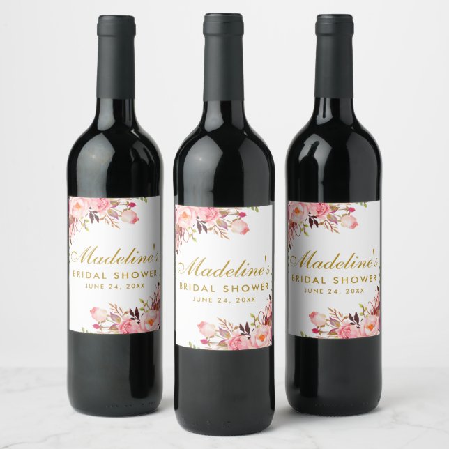 Pink Blush Floral Gold Bridal Shower Wine Label (Bottles)