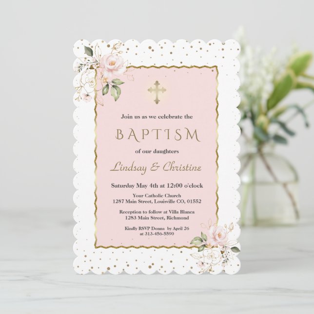 Pink Blush Floral Gold Cross Girl Twins Baptism    Invitation (Standing Front)