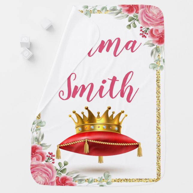 Pink Blush Floral Gold Crown Princess Girl Nursery Baby Blanket (In Situ)