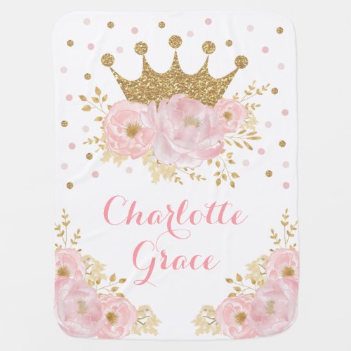 Pink Blush Floral Gold Crown Princess Girl Nursery Baby Blanket