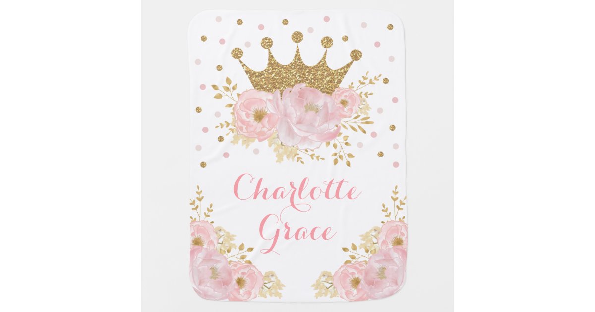 Pink Blush Floral Gold Crown Princess Girl Nursery Baby Blanket | Zazzle
