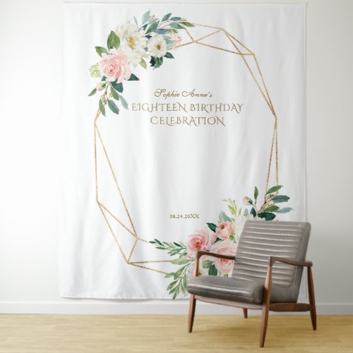Pink Blush Floral Gold Eighteen Photo Booth Prop Tapestry