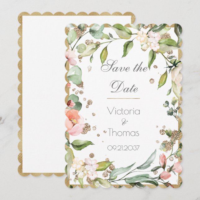 Pink Blush Floral Gold Elegant Botanical Wedding Save The Date (Front/Back)