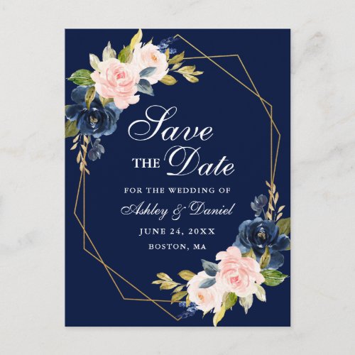Pink Blush Floral Gold Frame Blue Save the Date Announcement Postcard