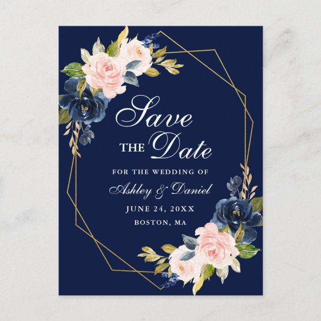Pink Blush Floral Gold Frame Blue Save the Date Announcement Postcard (Front)