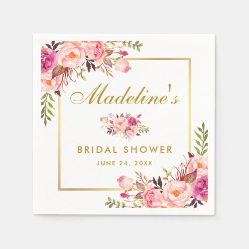 Pink Blush Floral Gold Frame Bridal Shower Napkins