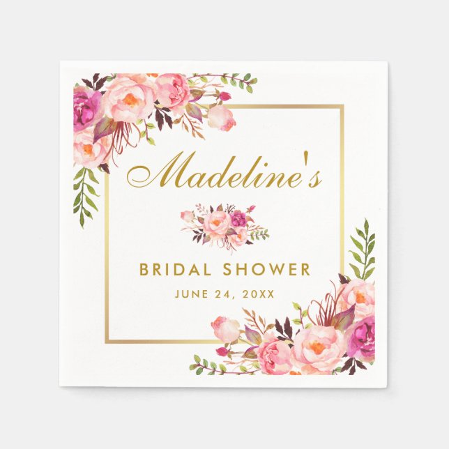 Pink Blush Floral Gold Frame Bridal Shower Napkins (Front)