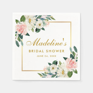 Pink Blush Floral Gold Frame Bridal Shower Napkins