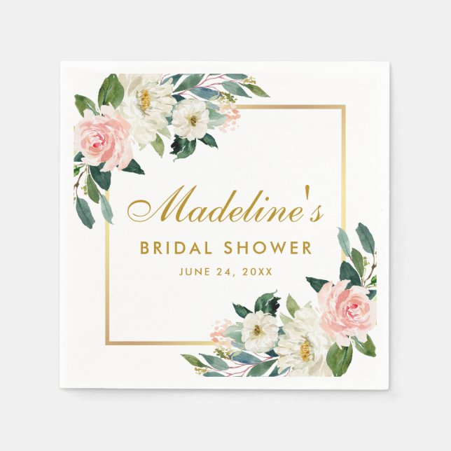 Pink Blush Floral Gold Frame Bridal Shower Napkins (Front)