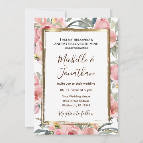 Pink Blush Floral Gold Frame Christian Wedding  Invitation