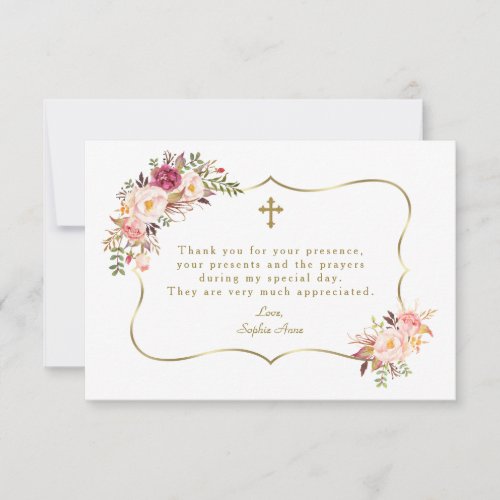 Pink Blush Floral Gold Frame Cross Baptism Thank You Card