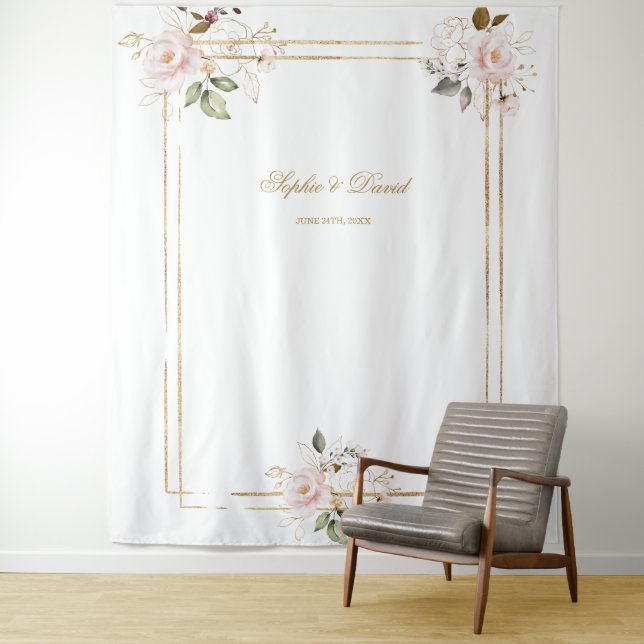 Pink Blush Floral Gold Frame Photo Booth Backdrop (In Situ)