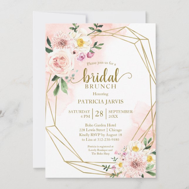 Pink Blush Floral Gold Geometric Bridal Brunch Invitation (Front)