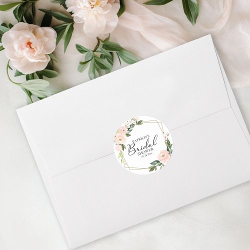 Pink Blush Floral Gold Geometric Bridal Shower Classic Round Sticker