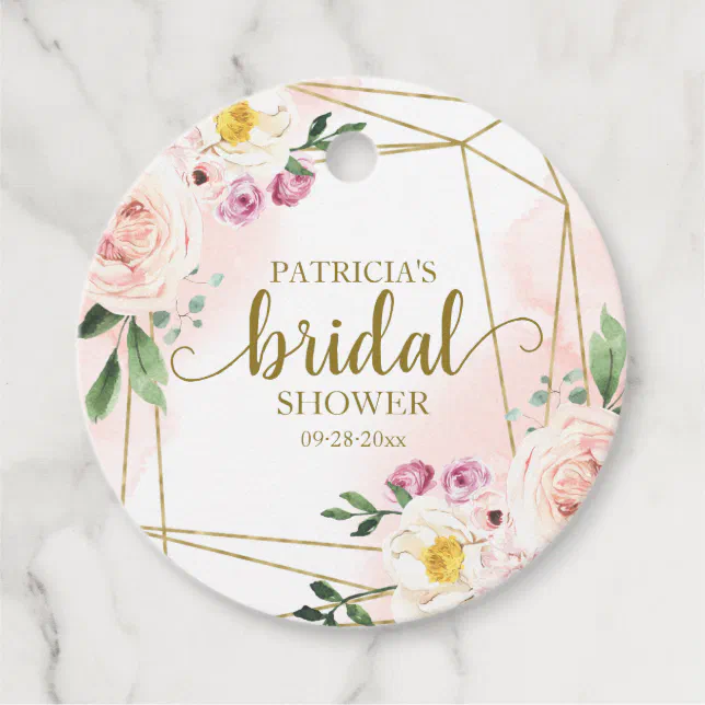 Pink Blush Floral Gold Geometric Bridal Shower Favor Tags | Zazzle