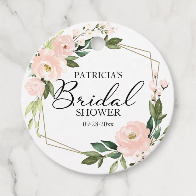 Pink Blush Floral Gold Geometric Bridal Shower Favor Tags | Zazzle