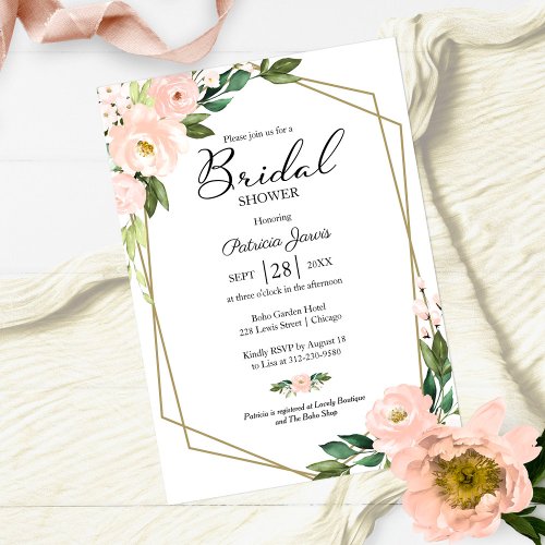 Pink Blush Floral Gold Geometric Bridal Shower Invitation