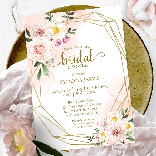 Pink Blush Floral Gold Geometric Bridal Shower Invitation