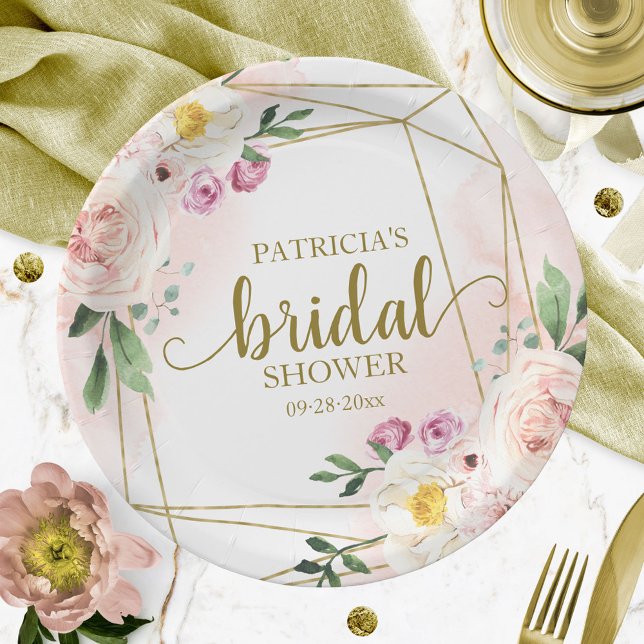 Pink Blush Floral Gold Geometric Bridal Shower Paper Plates (Creator Uploaded)