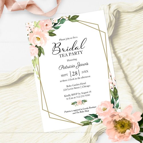 Pink Blush Floral Gold Geometric Bridal Tea Party Invitation