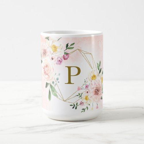 Pink Blush Floral Gold Geometric Monogram Coffee Mug