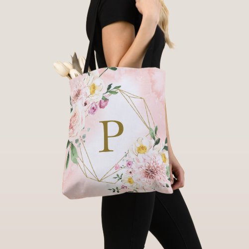 Pink Blush Floral Gold Geometric Monogram Tote Bag