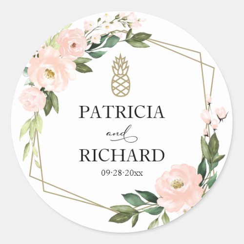 Pink Blush Floral Gold Geometric Wedding Classic R Classic Round Sticker