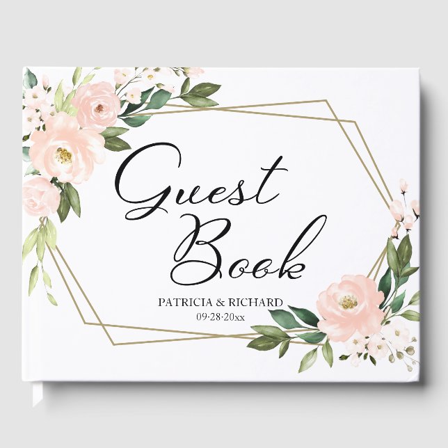 Pink Blush Floral Gold Geometric Wedding Guest Book (Front)
