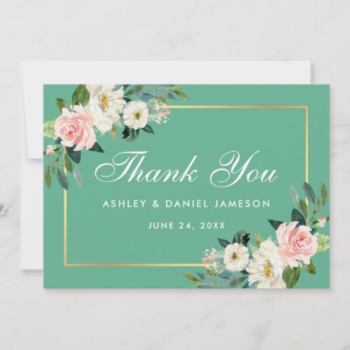 Pink Blush Floral Gold Neo Mint Wedding Thank You