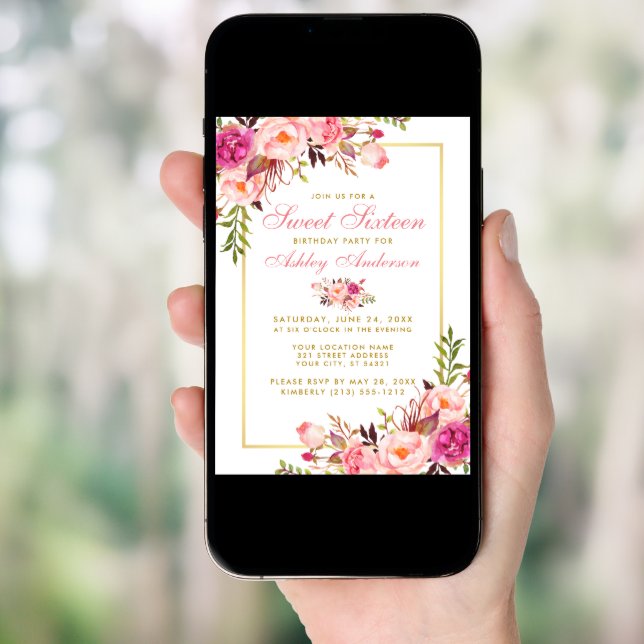 Pink Blush Floral Gold Sweet 16 Birthday Invite (Front Digital)