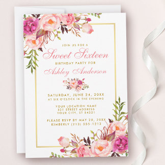 Pink Blush Floral Gold Sweet 16 Birthday Invite