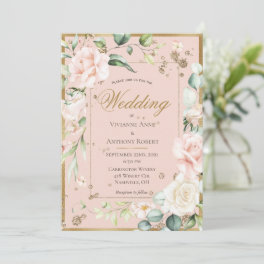 Pink Blush Floral Gold Watercolor Romantic Wedding Invitation