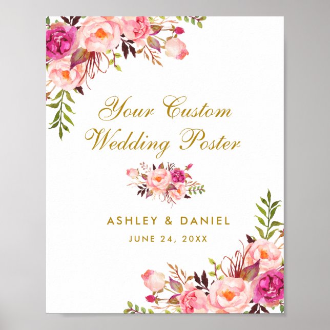 Pink Blush Floral Gold Wedding Custom Poster (Front)