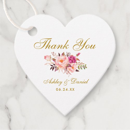 Pink Blush Floral Gold Wedding Thank You Heart Favor Tags
