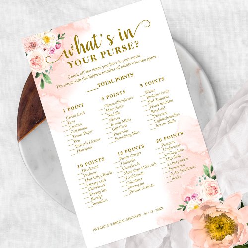 Pink Blush Floral Gold Whats In Your Purse Game Flyer