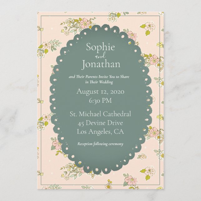 Pink Blush Floral Green Rustic Wedding Invitation (Front)