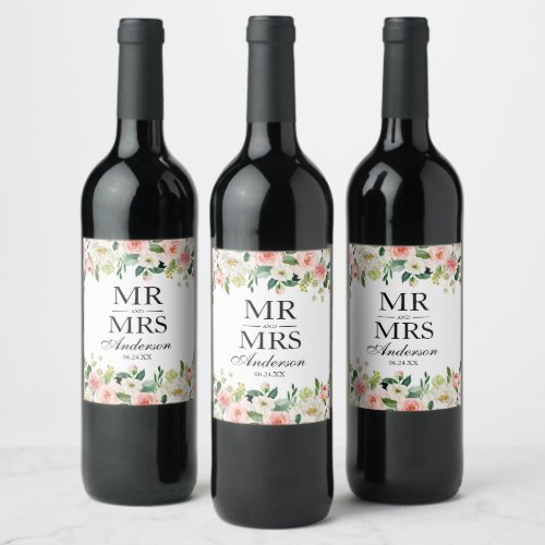 Pink Blush Floral Greenery Wedding Mr and Mrs Wine Label
