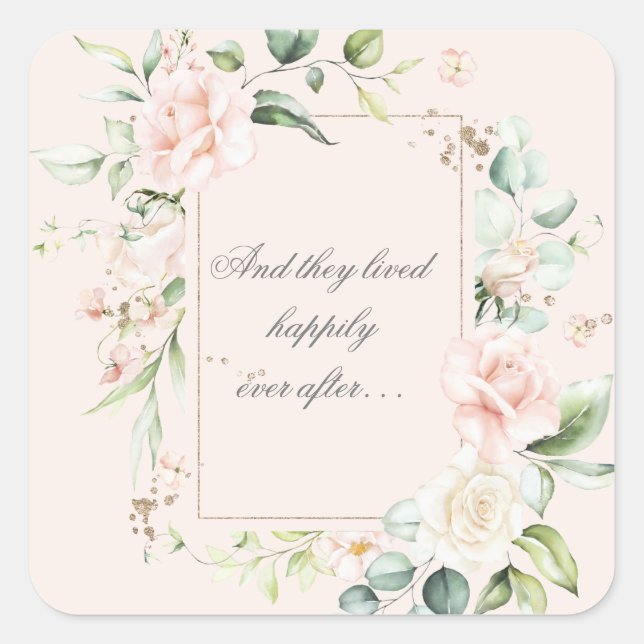 Pink Blush Floral Happily Ever After Square Sticker (Front)