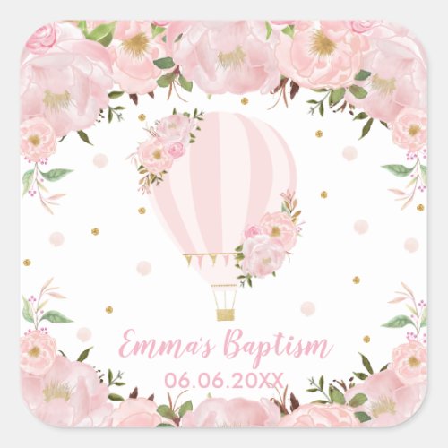 Pink Blush Floral Hot Air Balloon Baptism Favor Square Sticker