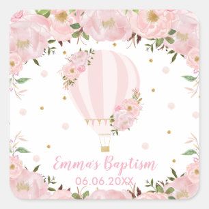 Pink Blush Floral Hot Air Balloon Baptism Favor Square Sticker