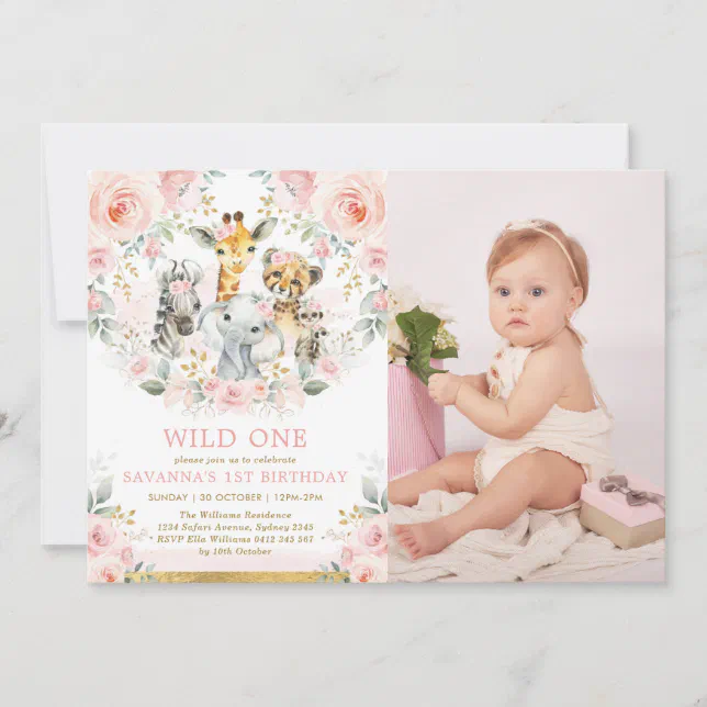 Pink Blush Floral Jungle Animals Wild One Birthday Invitation | Zazzle