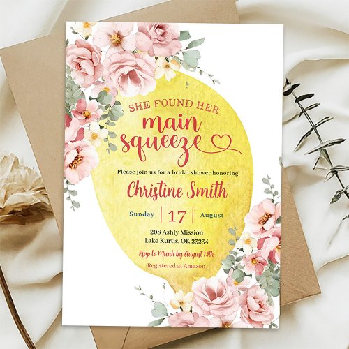 Pink Blush Floral Lemon Main Squeeze Bridal Shower Invitation