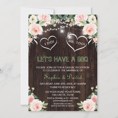 Pink Blush Floral Lights Old Wood I DO BBQ Invitation