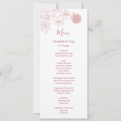 Pink Blush Floral Line Art Chinese Wedding Menu  Invitation