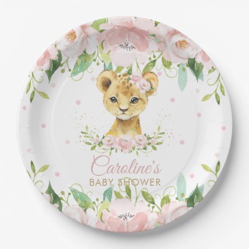 Pink Blush Floral Lion Birthday Baby Shower Paper Plates