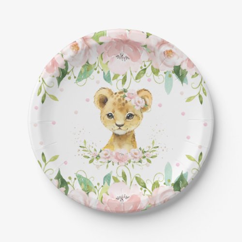Pink Blush Floral Lion Cub Birthday Baby Shower Paper Plates
