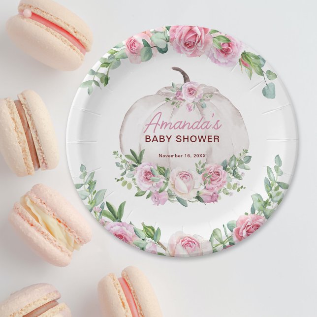 Pink Blush Floral Little Pumpkin Baby Shower Paper Plates (Creator Uploaded)