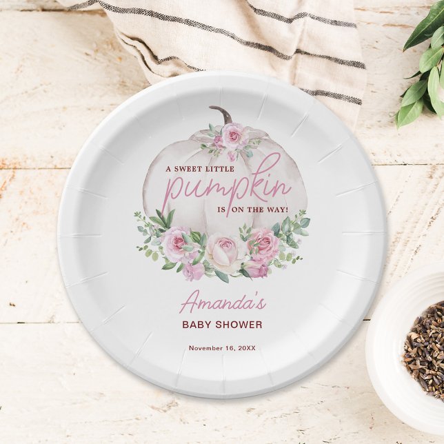Pink Blush Floral Little Pumpkin Baby Shower Paper Plates (Creator Uploaded)